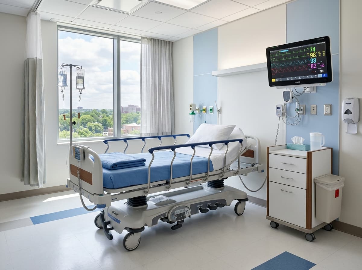 Modern hospital bed and vital signs monitor in a clinical facility